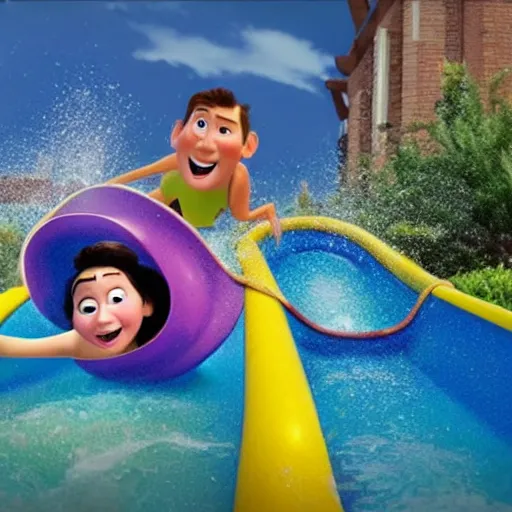 Prompt: a Still from a pixar movie of kids coming down a waterslide