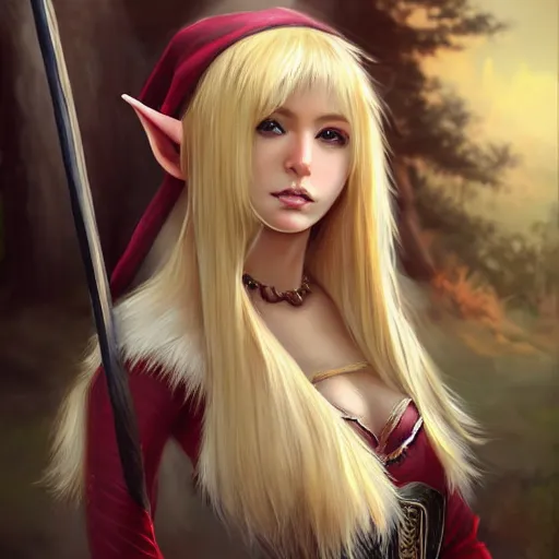 Image similar to fantasy elf archer girl blonde hair art drawn in art style of WLOP full HD 4K highest quality realistic beautiful gorgeous natural WLOP artist painting