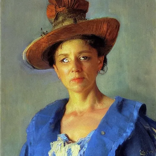 Image similar to Portrait of a stern looking affluent woman, photorealistic, general facial details, wearing a blue bonnet, by Ilya Repin