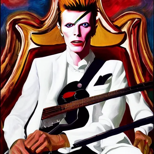 Prompt: a painting of David Bowie, wearing a white suit, sitting on a throne of guitars, in the style of Alex Ross