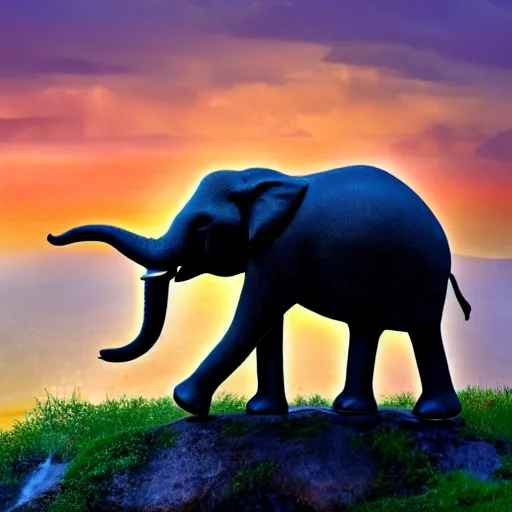 Image similar to an elephant dreaming of a waterfall at dusk