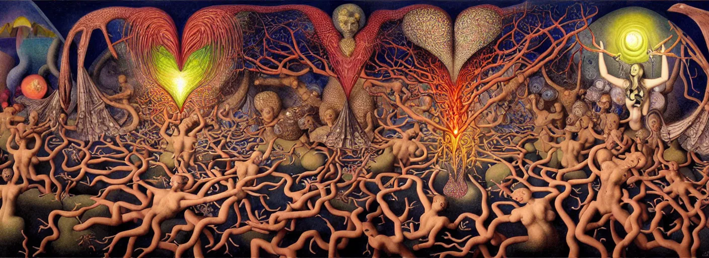 Image similar to mythical war between inner and outer forces in the visceral anatomical human heart imaginal realm of the collective unconscious, in a dark surreal mixed media oil painting by johfra, mc escher and ronny khalil, dramatic lighting from inner fire, 3 0 s cartoons by haeckel