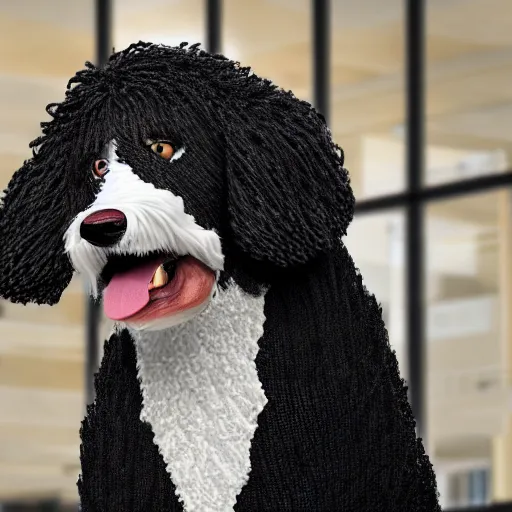 Image similar to a closeup photorealistic photograph of a smiling knitted bernedoodle judge dog dressed in a black gown, presiding over the courthouse. indoors, professional capture, well lit shot. this 4 k hd image is trending on artstation, featured on behance, well - rendered, extra crisp, features intricate detail, epic composition and the style of unreal engine.