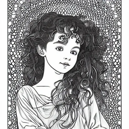 Image similar to clean simple line art of a little girl with wavy curly hair. no background. well composed, clean coloring book page, beautiful detailed face. coloring book line art by greg rutkowski and johanna basford and alphonse mucha