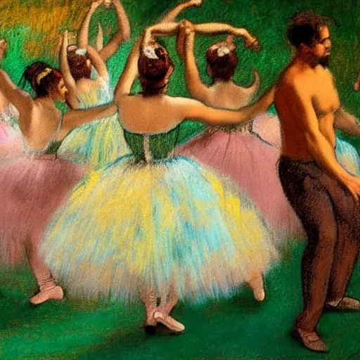 Image similar to latin dance band in the style of degas. lively. colorful. hd.