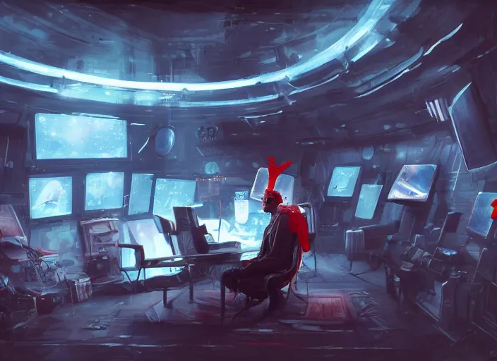 Image similar to a man sitting on a chair with things attached to his head, screens and monitors in front of him playing videos, ship interior, narrow hallway, scifi, dramatic lighting, concept art, surreal