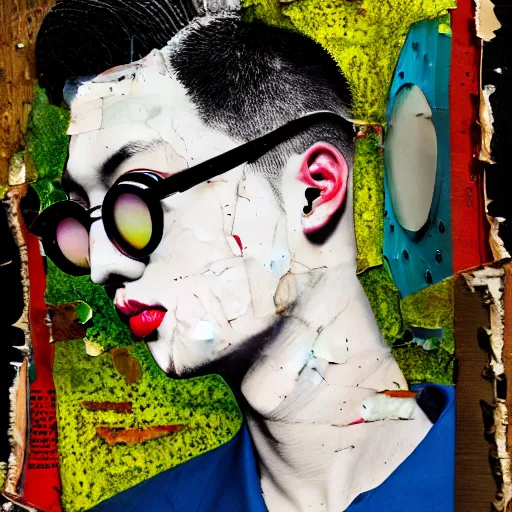 Prompt: detailed analogue mixed media collage with canvas texture in style of contemporary art, punk art, hyperrealistic korean young guy oval shaped face with circular glasses with undercut hairstyle, photorealistic, expressionism, masterpiece, perfect composition, spectacular quality, intricate oil details, vivid broken glass, torn paper, magazine pages