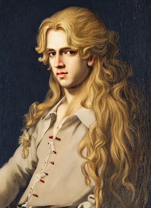 Image similar to portrait of a blond handsome man with long hair in baroque art, anime inspired, High Res 8K,hyperdetailed