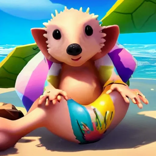 Image similar to hedgehog in a bikini in sea of thieves, hedgehog wearing a bikini, cute, colourful, happy, adorable, funny