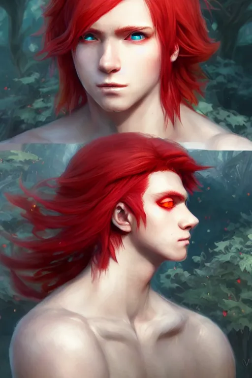 Image similar to young fairy prince, red hair, white eyes, highly detailed, d & d, fantasy, highly detailed, digital painting, trending on artstation, concept art, sharp focus, illustration, art by artgerm and greg rutkowski and fuji choko and viktoria gavrilenko and hoang lap