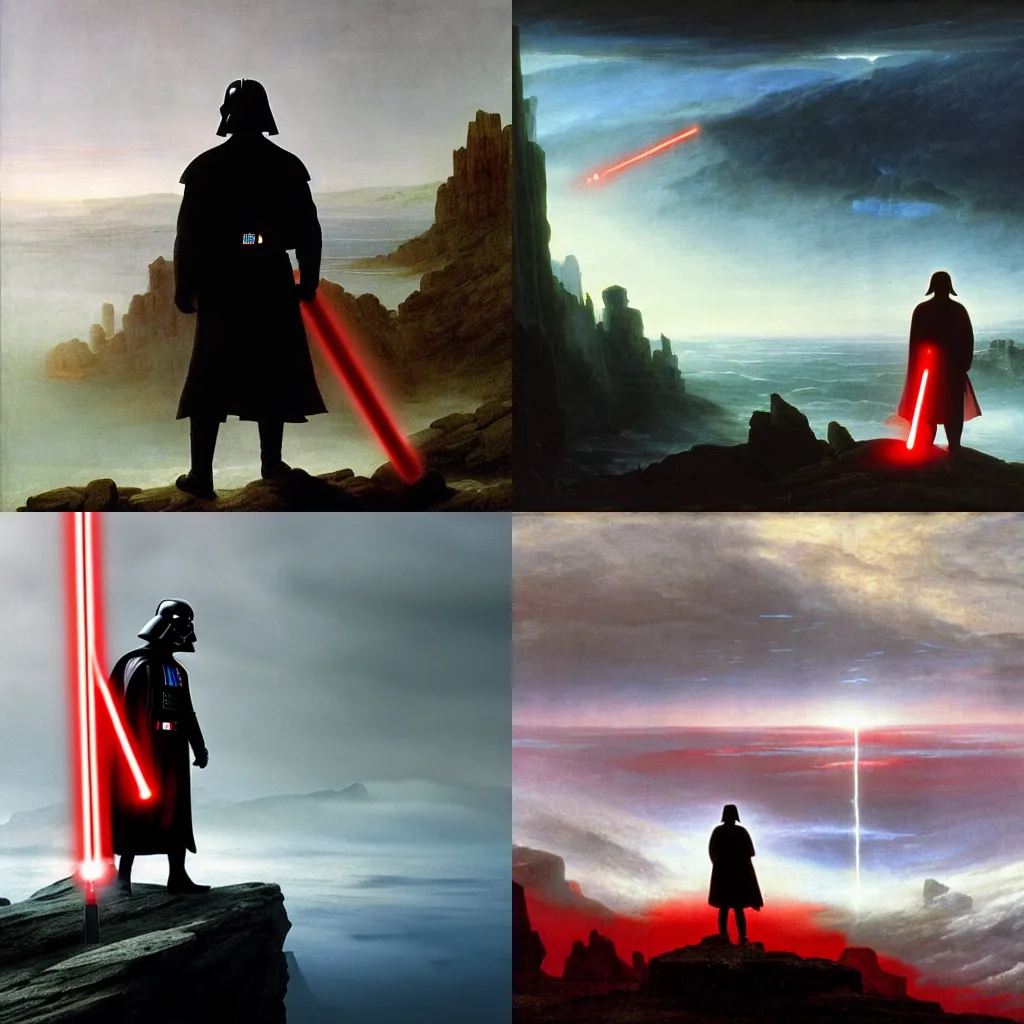 Prompt: darth vader holding red lightsaber, wanderer above the sea of fog by caspar david friedrich, dramatic lighting, galaxy, extreme detail