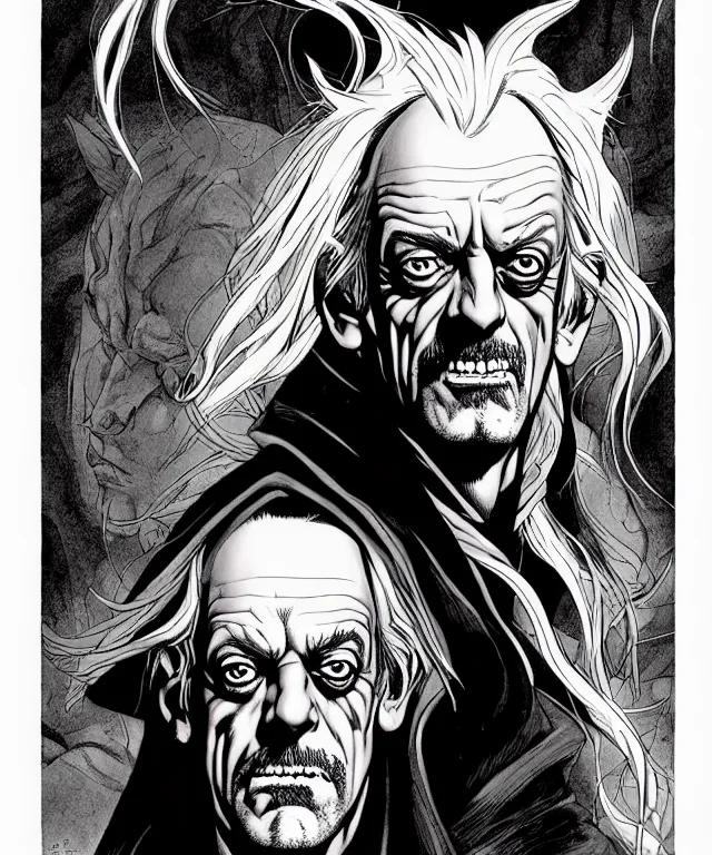 Image similar to a ( fantasy comic ) ( cover art ) portrait of an insane sorcerer who looks like ( christopher lloyd ), digital illustration by jenny frison and sana takeda and kentaro miura, fine inking lines, dnd, highly detailed!, hd, 4 k, trending on artstation