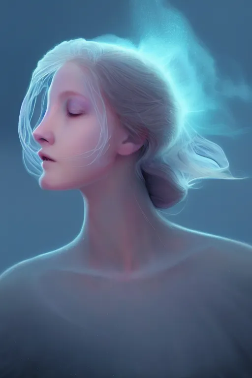 Image similar to Bioluminescent jellyfish, Her breath shot a haze of steam out into the frosty morning air concept, soft light, soft mood, realistic body features and face, illustration, painting oil on canvas by Elena Zhurikhina and Goro Fujita and Charlie Bowater, octane render trending on artstation, 4k, 8k, HD