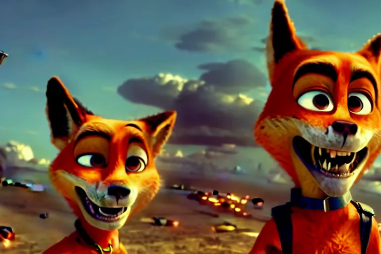 Image similar to nick wilde, heavily armed and armored facing down armageddon in a dark and gritty reboot from the makers of mad max : fury road : witness me