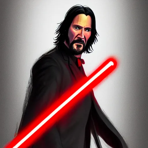 Prompt: John Wick wielding a red lightsaber, by Frederic Church, trending on artstation 4k.