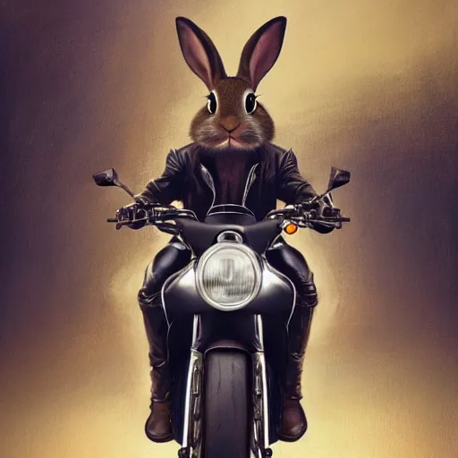 Prompt: a painting of a bunny wearing a leather jacket, riding a motorcycle, elegant, highly detailed, digital painting, artstation, concept art, matte, sharp focus, highly detailed, 4 k, hdr, smooth, sharp focus, high resolution, award - winning photo, photorealistic, art by artgerm and greg rutkowski and alphonse mucha, large shot