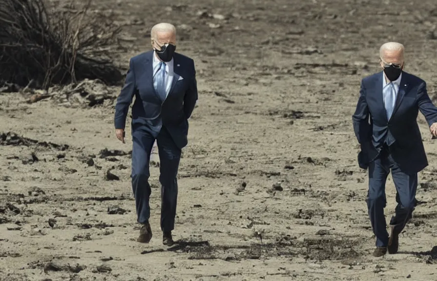 Prompt: a color photo of joe biden walking in a wasteland