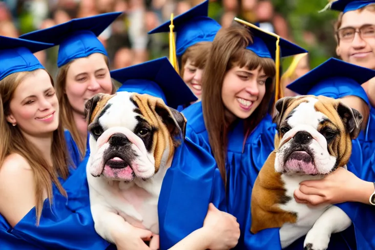 Image similar to a crowd of high school graduates petting an english bulldog wearing a crown