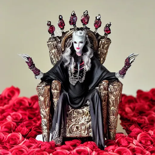 Image similar to vampire queen on treasure throne with roses and holes and gemstones