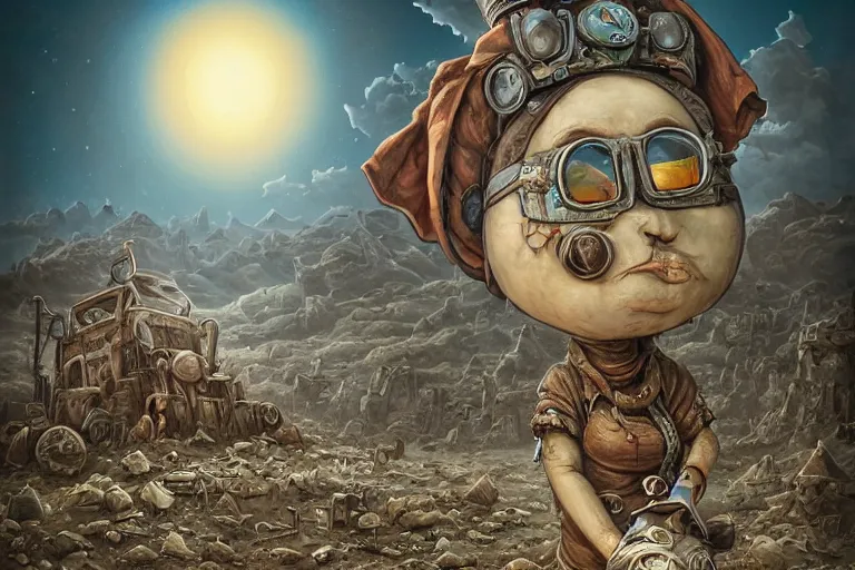 Image similar to a highly detailed forgotten garden gnome wearing goggles and head scarf surviving in a vast barren desert, hopeless wasteland background with a relentless raging sun overhead, post - apocalyptic road warrior vibe, full body, wide angle, an ultrafine detailed painting by joe fenton, trending on deviantart, pop surrealism, whimsical, lowbrow, perfect symmetrical face, sharp focus, octane, masterpiece