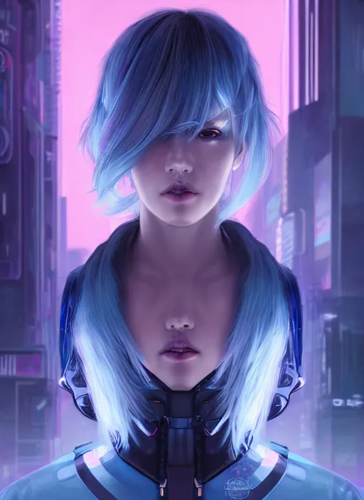 Image similar to portrait grey blue hair of futuristic police girl, black color uniform, at cyberpunk reflected tokyo night, ssci - fi and neon light, fantasy, intricate and beautiful, highly detailed, digital painting, artstation, concept art, smooth and sharp focus, illustration, art by tian zi and wlop and alphonse mucha