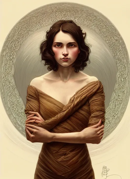 Image similar to symmetrical, full body portrait of a woman with short wavy hair, round face, cottagecore!!, lake, intricate, elegant, highly detailed, digital painting, artstation, concept art, smooth, sharp focus, illustration, art by artgerm and greg rutkowski and alphonse mucha