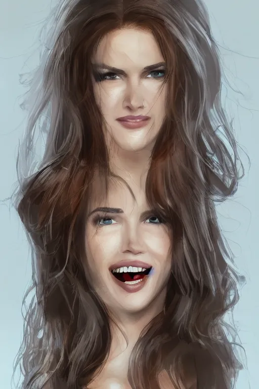 Image similar to mix of beautiful young maria shriver, mariel hemmingway, brooke shields, nicole kidman and elle macpherson as a vampire showing vampire teeth, ready to bite, thin lips, hair tied up in a pony tail, dark blonde hair, colorful, artstation, cgsociety