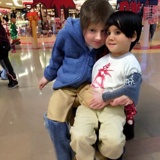 Image similar to kids are sitting on satan ’ s lap at the mall due to a spelling error, photograph