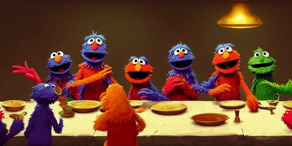 Image similar to sesame street last supper by greg rutkowski, digital painting, trending on artstation, sharp focus, 4 k