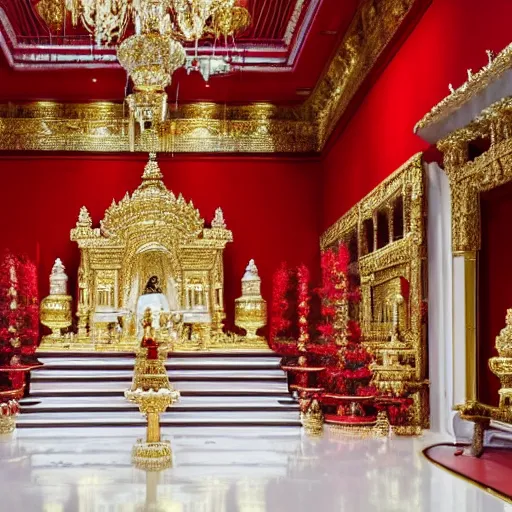 Prompt: a red floor in a white ivory and golden temple with elegant finiture and glassy statues,