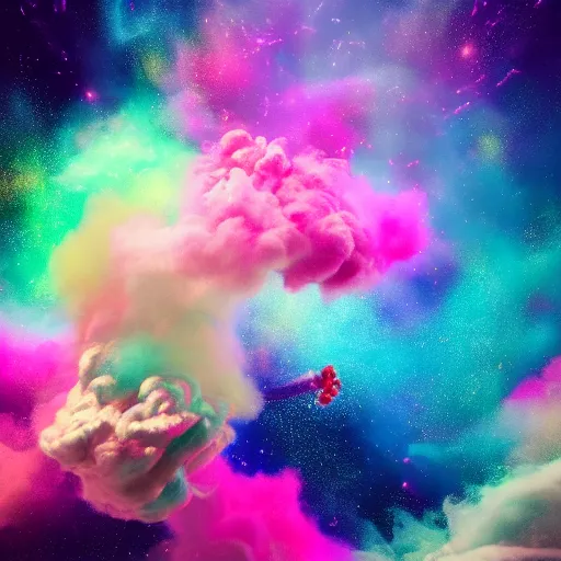 Image similar to whimsical cotton candy, rainbow colors, swirling smoke, starfield, nebula, iridescent, holographic, psychedelic, photoreal, octane render, 4k, award winning, trending on artstation