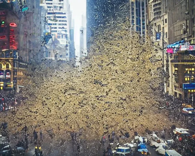 Image similar to a swarm of money in the city. the hand of god is in the sky. people running for their lives. terrorist attack. it's raining money. game show.