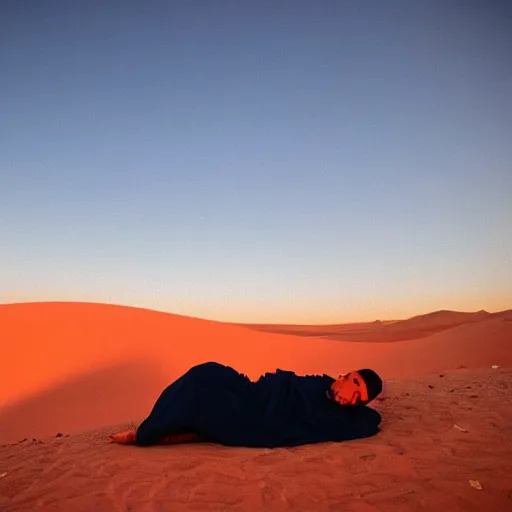 Image similar to a photo of Ghandi sleeping rough in the Sahara during sunrise, perfect lighting