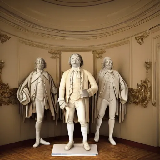 Image similar to mozart and beethoven and bach and liszt all standing next to each other, they're all statues, octane render, 8 k, highly detailed, hyper - realistic.