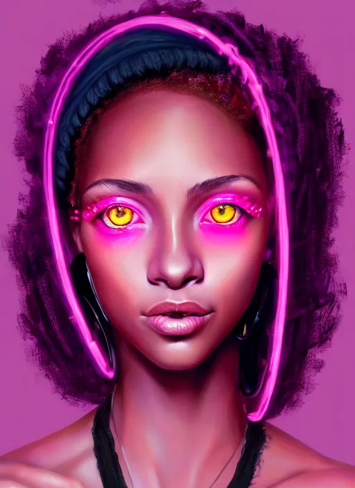 Image similar to portrait of teenage vanessa morgan with bright pink hair, black girl, curly pixie cut hair, wearing a purple breton cap, breton cap, hoop earrings, intricate, elegant, glowing lights, highly detailed, digital painting, artstation, concept art, smooth, sharp focus, illustration, art by wlop, mars ravelo and greg rutkowski