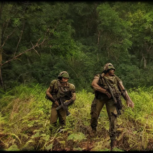 Image similar to commandos patrolling jungle, cinematic, HDR