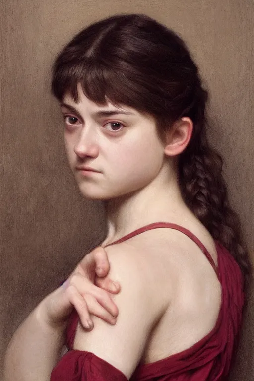 Image similar to portrait of arya stark as a beautiful athletic pale girl, hd, realistic, bouguereau