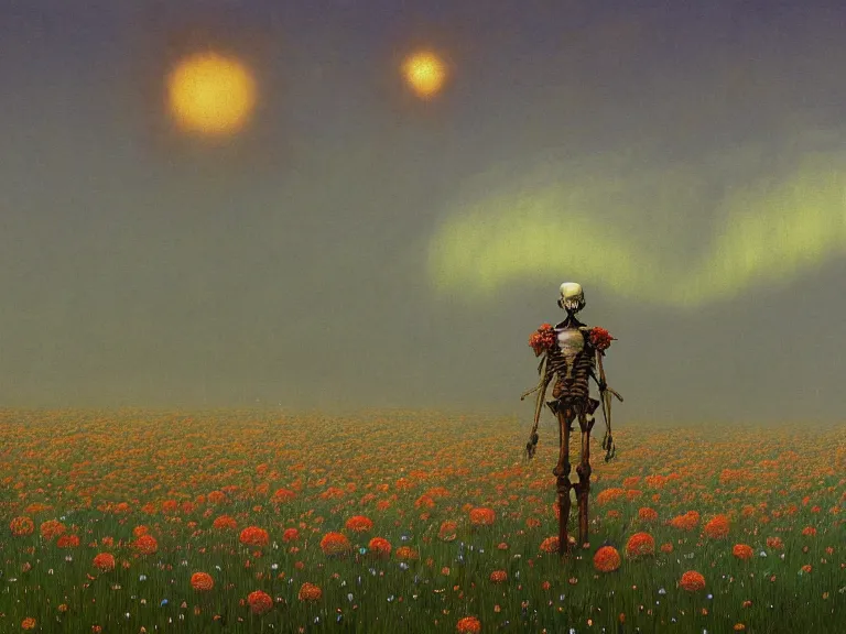 Image similar to a detailed profile illustration of skelleton standing in a field of flowers, aurora lighting clouds and stars by beksinski carl spitzweg and tuomas korpi. intricate artwork by moebius. Trending on artstation. 8k