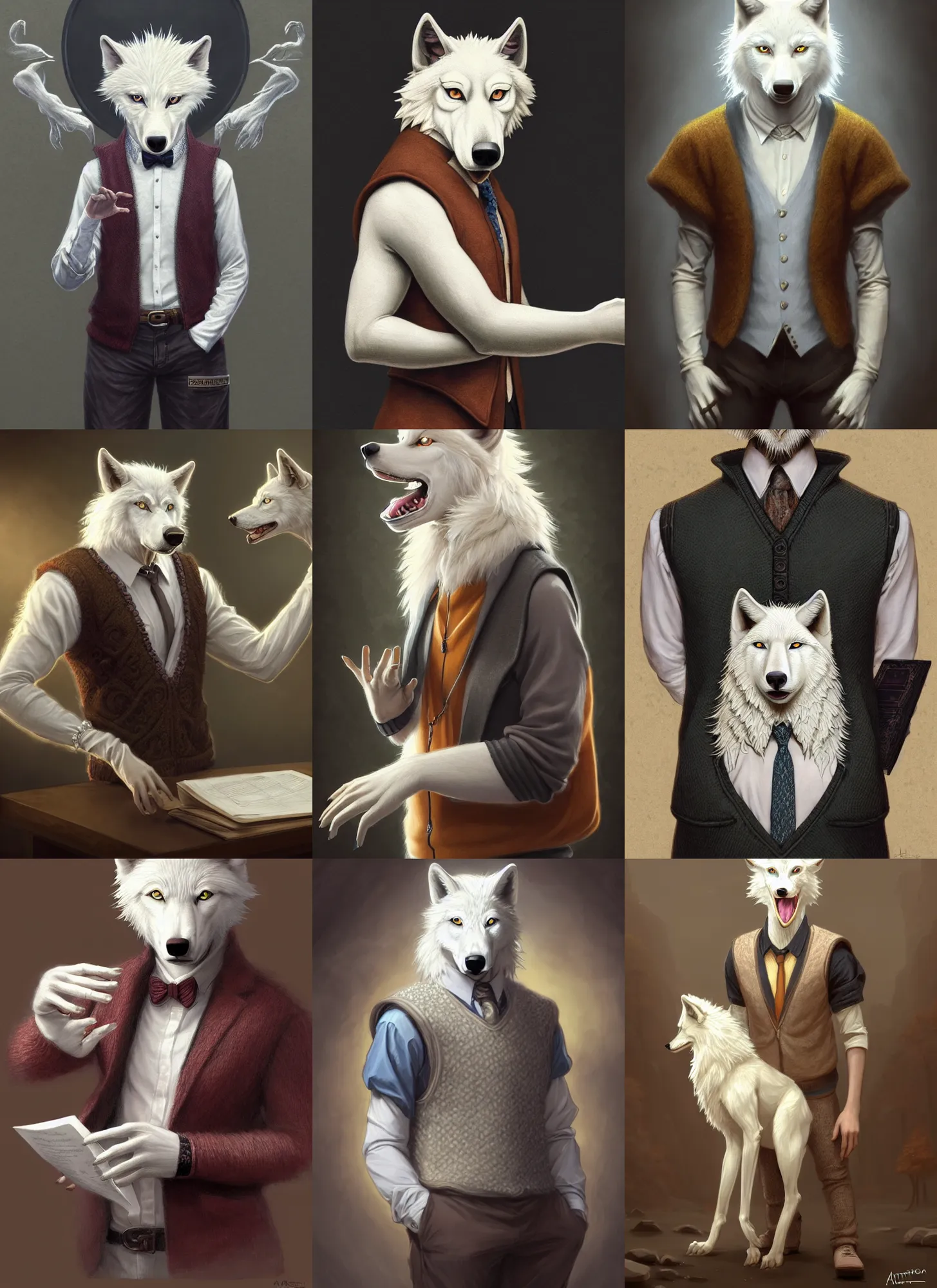 Prompt: photograph of a male anthropomorphic albino wolf fursona wearing a sweater vest teaching a class, deep focus, intricate, elegant, highly detailed, digital painting, artstation, concept art, matte, sharp focus, illustration, d & d, fantasy, hearthstone, art by artgerm and greg rutkowski and alphonse mucha