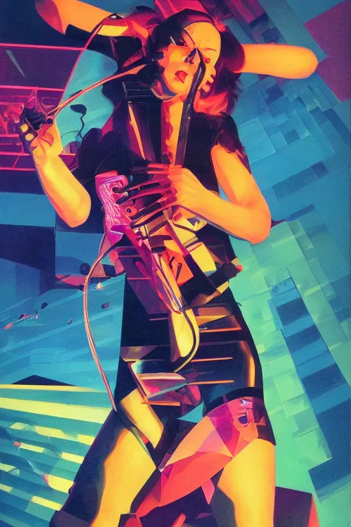 Image similar to wideangle action, portrait of a crazy heavy metal guitarist girl, decoherence, synthwave, glitch!!, fracture, vortex, realistic, hyperdetailed, concept art, golden hour, art by syd mead, cubism