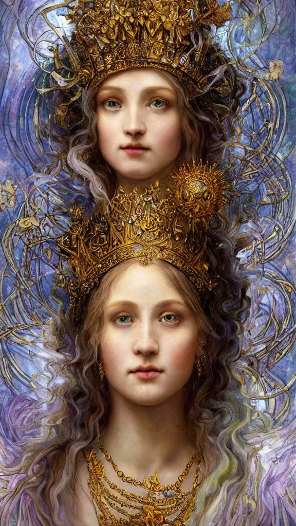 Prompt: breathtaking detailed soft painting of a female goddess with crown on top of a mountain, gauze dress of fireflies and art nouveau crown of embers, celtic culture, rembrandt style, detailed art nouveau stained glass of flames, christian saint rosace, elegant, highly detailed, artstation, concept art, matte, sharp focus, art by Tom Bagshaw, Artgerm and Greg Rutkowski