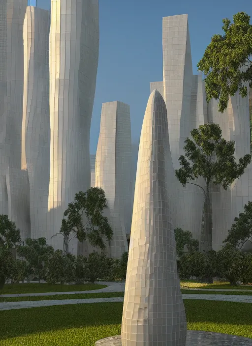 Image similar to highly detailed realistic architecture 3 d render of a futuristic stele monument in frank gehry style standing in city park, archdaily, made in unreal engine 4 octane render