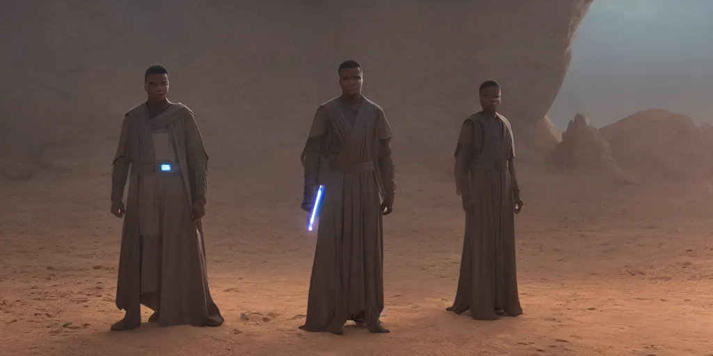 Prompt: Star Wars, Finn played by John Boyega wears jedi robes and wields lightsaber standing alone, full body shot, ultra realistic, 4K, movie still, UHD, sharp, detailed, cinematic, render