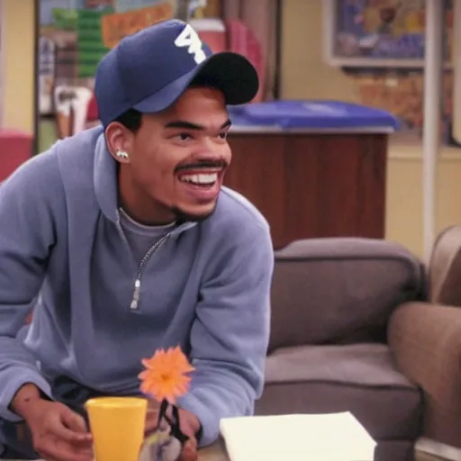 Image similar to a tv still of Chance The Rapper starring as a black college student at Jones College Prep in a 1993 sitcom