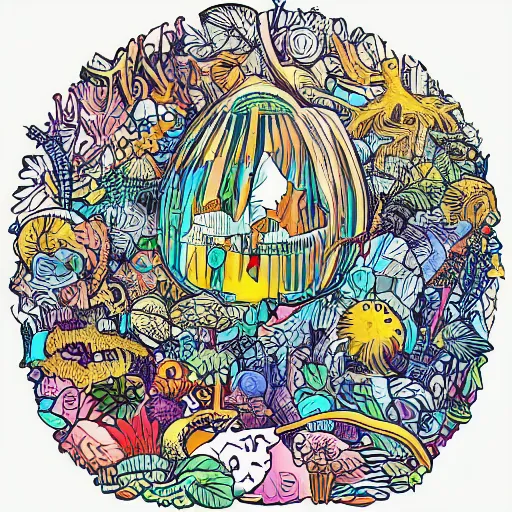 Image similar to Ecosystem in a bottle, sticker, highly detailed, colorful, illustration, drama, smooth and clean vector curves, no jagged lines, vector art, smooth