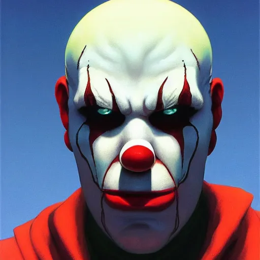 Image similar to 4k headshot portrait of Spawn clown from Macfarlane comics by Craig Mullins, ilya kuvshinov, krenz cushart, epic , artgerm trending on artstation by Edward Hopper and Dan Mumford and WLOP and Rutkovsky, beksinski carl spitzweg moebius and tuomas kocar, intricate artwork by caravaggio, Unreal Engine 5, Lumen, Nanite , 4K headshot of godlike clown with defined arms and open hands and bloody clothes with giant mandala wings , intricate face , flawless anime cel animation by Kentaro Miura, psychedelic , highly detailed upper body , professionally post-processed , beautiful, scary, symmetry accurate features, epic, octane rendered, anime masterpiece, accurate