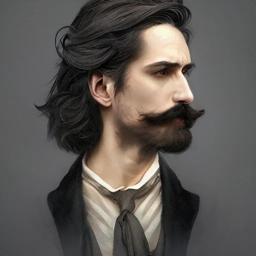 Image similar to portrait of a male sculptor nobleman, D&D, fantasy, elegant, pale, black hair, moustache, highly detailed, digital painting, artstation, concept art, smooth, sharp focus, illustration, art by artgerm and greg rutkowski and alphonse mucha