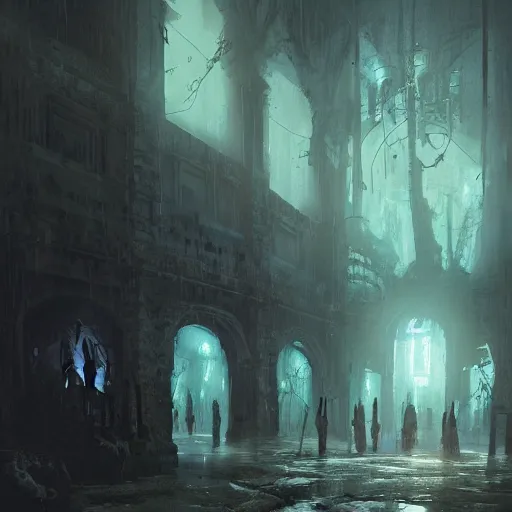 Prompt: damp and dark dungeon filled with the living dead and a necromancer, ,soft,light,bright,epic,awesome,digital art, by Simon baek and Greg rutkowski