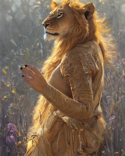 Image similar to highly detailed portrait of a majestic lioness queen in the form of a beautiful woman. d & d, art by donato giancola and ruan jia and carl larsson. trending on artstation, intricate details, energetic composition, golden ratio, concept art, illustration, elegant art