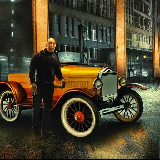 Image similar to very closeup photo of vin diesel as tommy angelo standing near ford model t, chicago 1 9 3 0, night, volumetric lighting, ultra realistic, highly detailed, cinematic, art by jan urschel and neil blevins